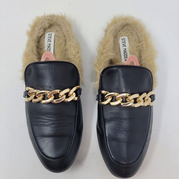 Steve Madden size 8 Raam fur Mule Klaire Leather Slide Slippers Gold Black flats - Picture 7 of 7